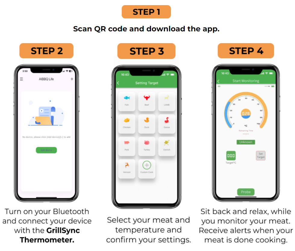 Image showing steps of how to use the phone to monitor GrillSync